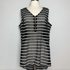 Women’s Swim Cover Up V-Neck 1/4 Zip High-Low Tunic Black/White Stripes Size M